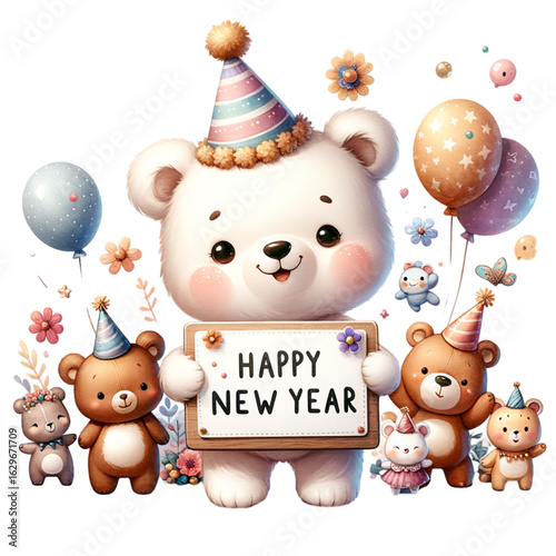 New Year Bears' Delight: A whimsical gathering of adorable bears, each dressed in festive attire, joyfully celebrating New Year, spreading cheer and anticipation with a sign of message!