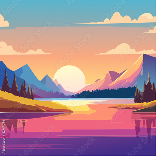 A stylized illustration of a colorful sunset reflecting in a tranquil lake surrounded by mountains and forests.