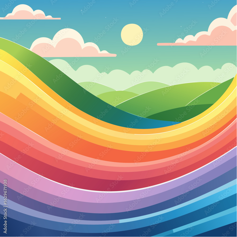 Obraz premium A vibrant, stylized landscape illustration with a large rainbow flowing over rolling green hills under a sunny sky.