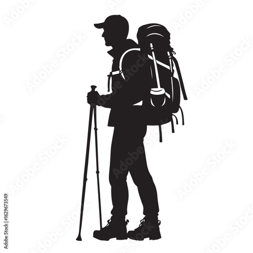 Striking black silhouette of a hiker with a backpack and trekking poles, embodying outdoor adventure and exploration.
