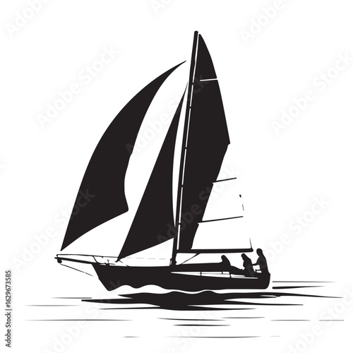 Silhouette of a sailboat with people on board, cruising on the water. A vector illustration for sailing, yachting, and leisurely sea travel.
