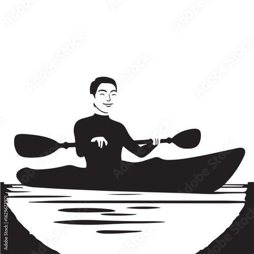 A smiling man enjoying kayaking on the water. Black and white vector of a person paddling a canoe, for outdoor recreation and water sport concepts.
