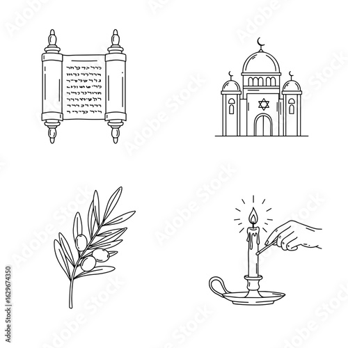 Collection of Hanukkah-themed icons, including Torah scroll, Synagogue, Olive branch, Hand lighting candle