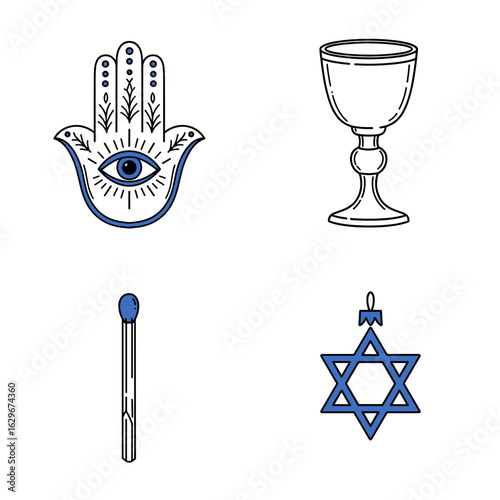 Collection of Hanukkah-themed icons, including Hamsa hand, Kiddush cup, Matchstick, Blue Star ornament