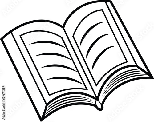 A stylized, black and white illustration of an open book.