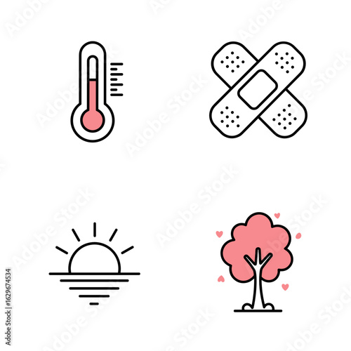 Collection of Breast Cancer Awareness Month-themed icons, including Thermometer, Bandage, Sunrise, Pink-leaf tree