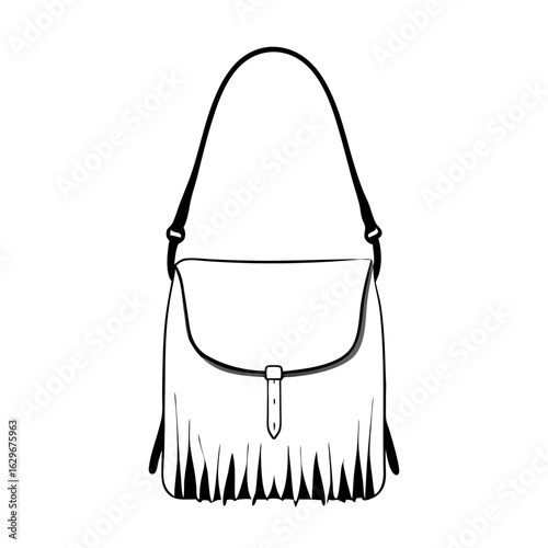 Illustration depicts a simple purse with shoulder strap and fringe