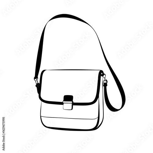 Fashionable crossbody bag illustration in black outline on a plain background
