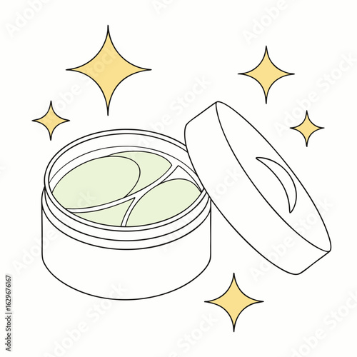 Minimalist flat illustration of eye patches in a container with sparkling stars skincare beauty