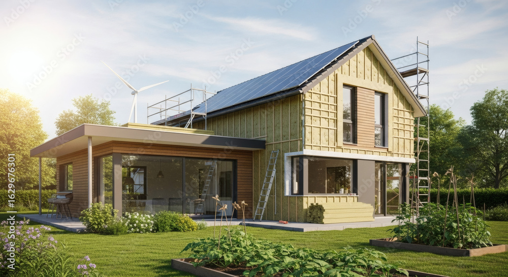 Naklejka premium Efficiency energy concept. Sustainable development and eco house. Ecological house with low consumption on renovation with insulation.