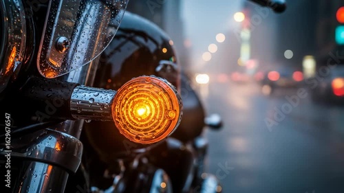 Blinking orange turn signal of a motorcycle covered in raindrops on a wet city street at night