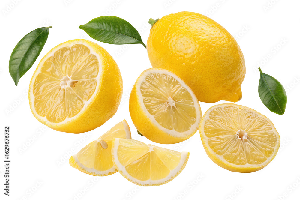 Fresh juicy lemons with cut slices and leaves for healthy drinks or recipes in vibrant dazzling display Fresh juicy lemons with cut slices and leaves for healthy drinks or recipes in vibrant dazzling display