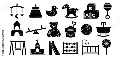 Baby Toy Fill Black Icon Featuring Carousel Duck Horse And Building Blocks, Fun, Creative, Playground, Childhood, Symbol Vector Design
