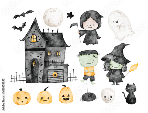 Watercolor Illustration Set of Halloween Characters and Elements