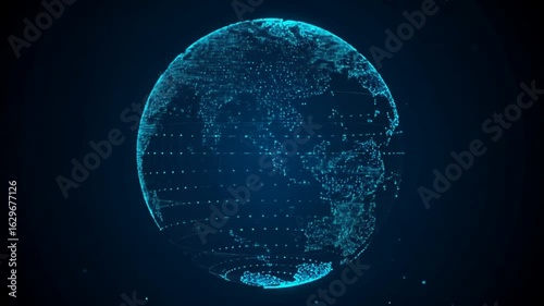 A rotating, translucent, light-blue globe, composed of interconnected dots and lines, is displayed against a dark blue background.