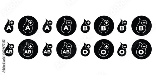 Blood Type Black Icon Featuring A B O AB Positive and Negative Signage Vector Flat Illustration 