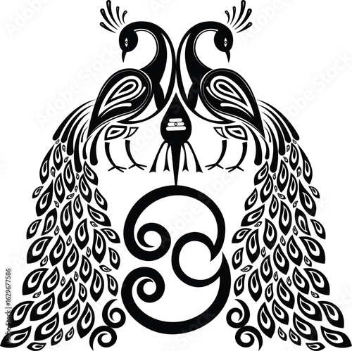 Two Peacock Birds with Murugan Vel and Om Symbol Vector Art | Tamil Devotional Tattoo, Sticker, Embroidery Design