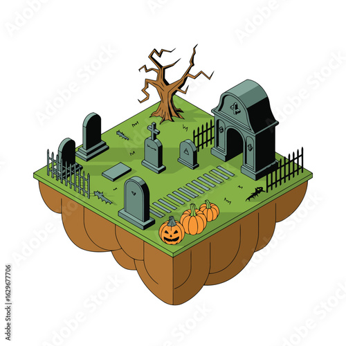 Vector illustration of Spooky Halloween Cemetery: Isometric Illustration for Autumn Holiday Designs
