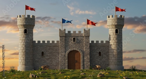 Fototapeta Majestic stone castle stands proudly at sunset glowing warm light. AI Generated