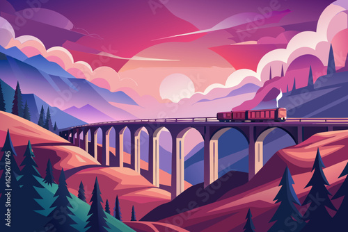 Stunning sunset train journey through vibrant mountain landscape evokes peaceful adventure and tranquility