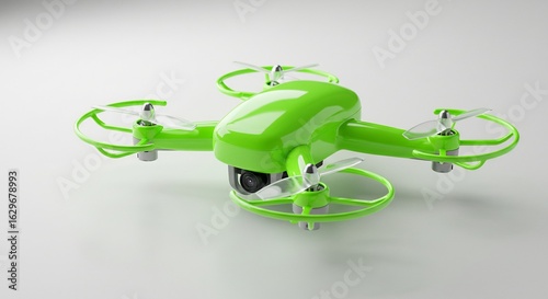Bright green drone hovers subtly illuminated against a stark white background. AI Generated