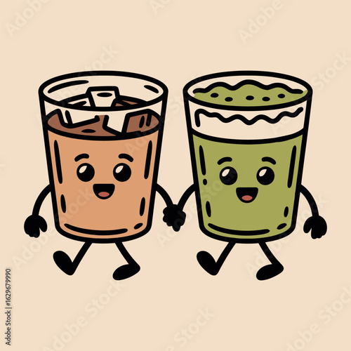 Cute Iced Coffee and Matcha Holding Hands Cartoon Illustration