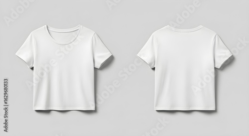 Front and back view of a plain white t-shirt, isolated on a neutral background, showcasing its simple design.