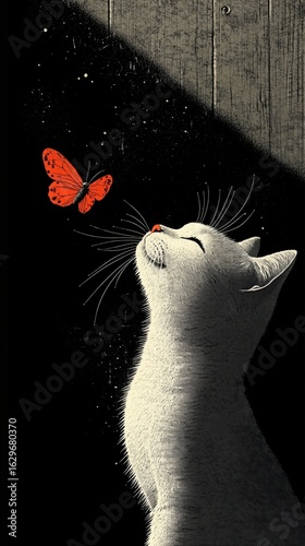 Cat gazing at butterfly enchanted space digital art serenity