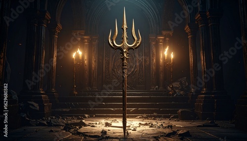 A polished bronze trident gleaming on a dark stone altar, lit by soft torchlight, captured in crisp HD detail. 