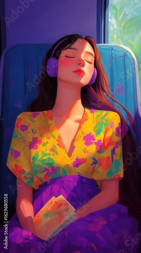 Vibrant digital art of a young woman's relaxing train journey