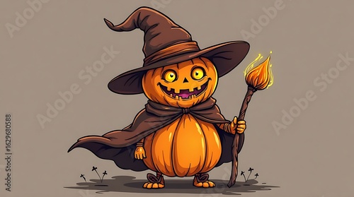 Cartoon Pumpkin Character Wearing Witch Hat and Cape Holding Torch