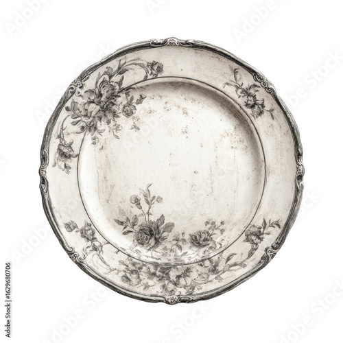 Antique-style, round plate with grey floral design