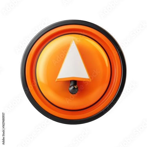 Orange navigation button with white arrow, direction indicator for maps and GPS systems, glossy 3D rendering for user interface design on transparent background