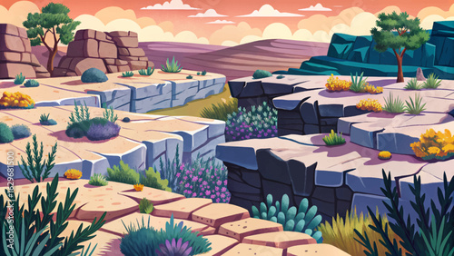 Rocky plateau with scattered shrubs and exposed stone layers cartoon wallpaper