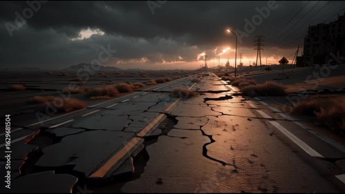 Desolate Landscape Under Stormy Sky with Cracked Road and Sunset