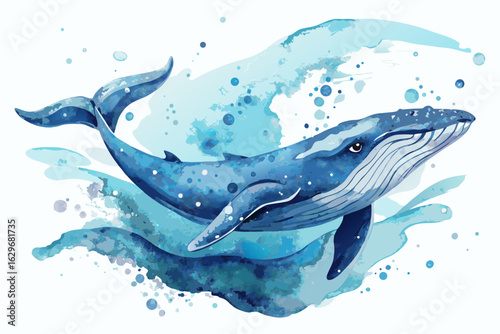 Majestic blue whale gracefully swimming in ocean depths, watercolor design adds artistic touch, sea life illustration