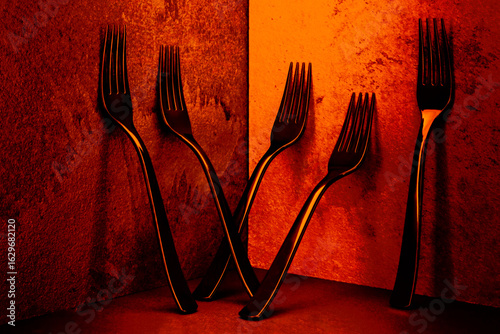 Obraz na plátně Minimalistic elegant, black forks on black background