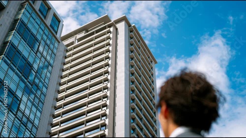 Businessman Looking Up at Modern Urban Skyline Under Blue Sky