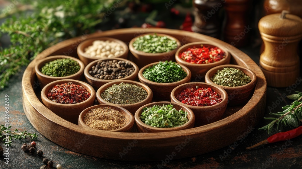 Fototapeta premium An assortment of herbs, spices, and seasonings in separate cups on a rustic tray, placed on a kitchen island. Culinary ingredients, cooking inspiration.
