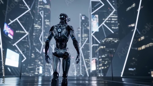 Metallic humanoid robot advancing away from camera in dark urban environment with futuristic architecture.