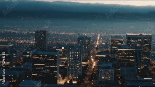 Aerial View of City Skyline at Dusk with Lights and Fog