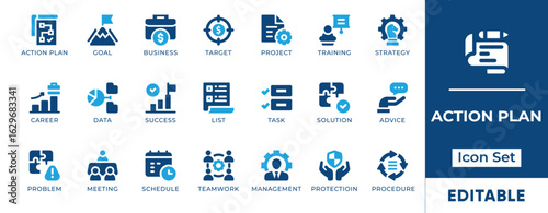 Action Plan Icon Set. Features icons for strategy, tasks, goals, milestones, and execution. Perfect for business planning, project management, and productivity tools.