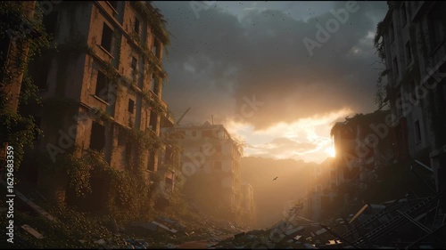 Abandoned Urban Landscape with Overgrown Vegetation at Sunset