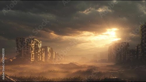 Abandoned Urban Landscape Under Dramatic Sky at Sunset