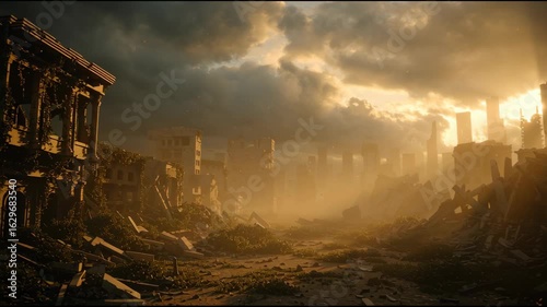 Post-Apocalyptic Urban Landscape with Dramatic Lighting Effects
