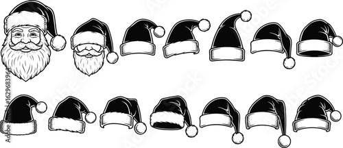 Vintage Santa Claus hats collection, hand-drawn Christmas elements, festive holiday headwear set, black and white Santa illustrations, clipart design bundle