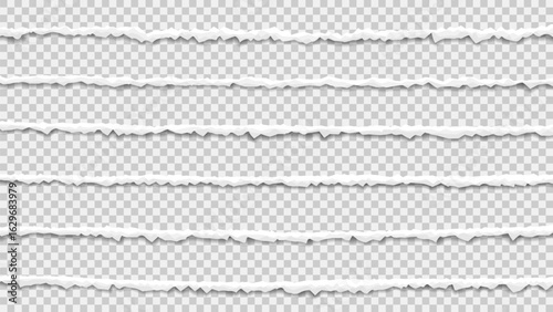 Set of edges of torn paper. Collection of horizontal torn white edges isolated on checkered background. Textured ripped paper with overlay effect. Three-dimensional vector illustration template.