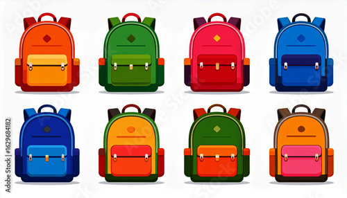 Eight Colorful Backpacks: Front View, Various Designs, Multiple Colors, School Bags, Travel Packs