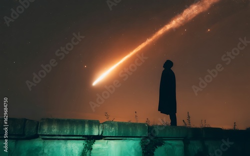 A silhouette of a person watching a bright comet streaking across the night sky
