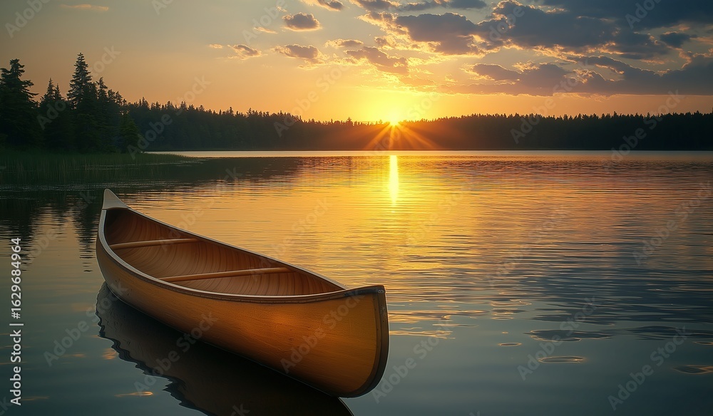 Fototapeta premium Canoe floating on tranquil lake at sunset, surrounded by forest and sky, with golden reflections and long shadows creating a serene natural scene